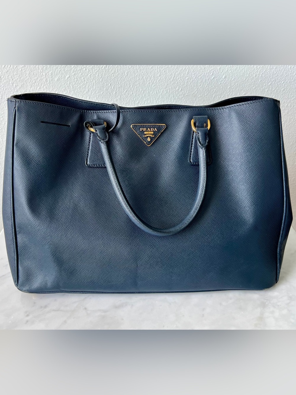 Prada Saffiano Leather Tote in Navy with Gold Hardware